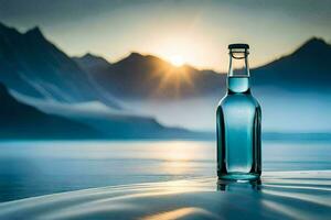 a bottle of water sits on the beach in front of a mountain. AI-Generated photo