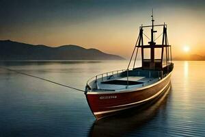 a fishing boat is docked at sunset. AI-Generated photo