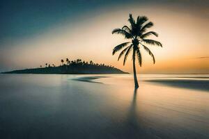 a lone palm tree stands in the middle of a beach at sunset. AI-Generated photo