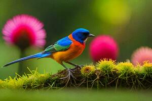 a colorful bird is sitting on a branch with flowers. AI-Generated photo