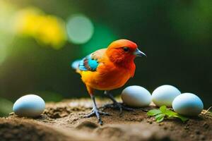 a colorful bird is standing on top of eggs. AI-Generated photo