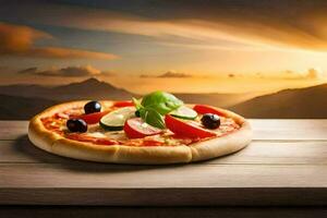 pizza on a wooden table with sunset in the background. AI-Generated photo