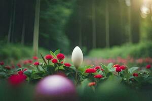 a white egg sitting in the middle of a field of flowers. AI-Generated photo