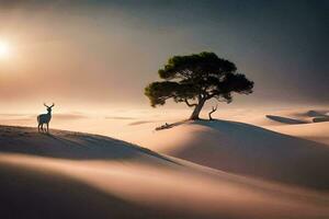 a lone tree stands in the middle of a sand dune. AI-Generated photo