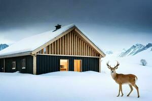 un ciervo soportes en frente de un cabina en el nieve. generado por ai foto