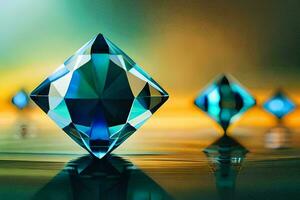 Tres diamante conformado objetos son sentado en parte superior de agua. generado por ai foto