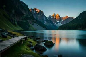 photo wallpaper the sky, mountains, lake, water, the sun, the moon, the mountains. AI-Generated