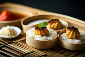 a bamboo tray with dumplings and sauce. AI-Generated photo