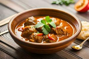 meat stew in a bowl with bread and parsley. AI-Generated photo