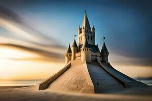 a castle made out of sand on the beach. AI-Generated photo