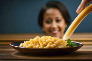 a woman is holding a spoon over a bowl of pasta. AI-Generated photo