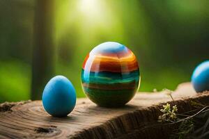 three colorful eggs are sitting on a wooden stump. AI-Generated photo