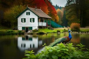 the peacock is standing on the edge of the lake. AI-Generated photo