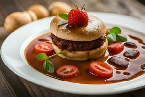 a hamburger with tomato sauce and strawberries on a plate. AI-Generated photo