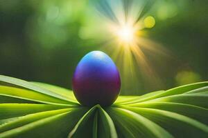 a colorful egg sits on top of a green leaf. AI-Generated photo