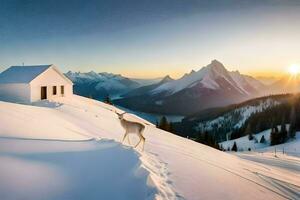 a deer stands in front of a house in the snow. AI-Generated photo