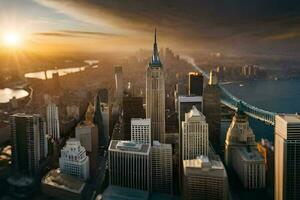 the sun rises over the city skyline in new york. AI-Generated photo