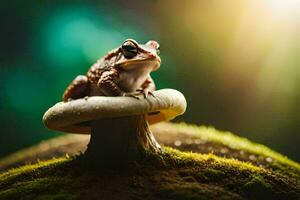 a frog sits on top of a mushroom. AI-Generated photo