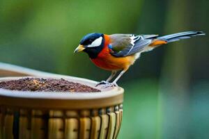 a bird is standing on a wicker basket. AI-Generated photo