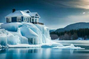 a house on an iceberg in the middle of the water. AI-Generated photo