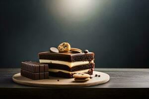 chocolate cake with cookies and chocolate chips on a wooden plate. AI-Generated photo