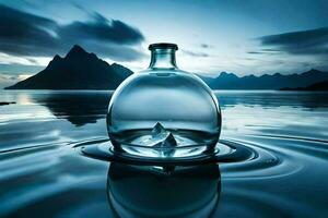 a bottle with a fish in it on the water. AI-Generated photo