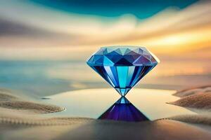 a diamond is sitting on the sand with the ocean in the background. AI-Generated photo