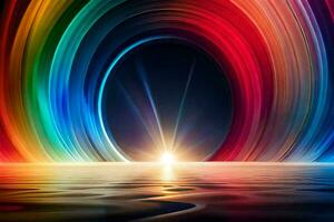 a colorful rainbow tunnel with the sun shining through it. AI-Generated photo