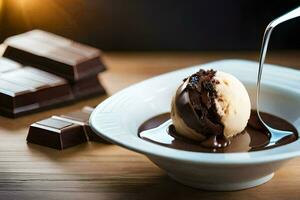 a spoon dipping chocolate ice cream into a bowl of hot chocolate. AI-Generated photo