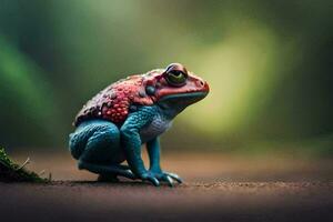 a colorful frog sitting on the ground. AI-Generated photo