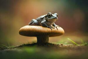 a frog sitting on top of a mushroom. AI-Generated photo