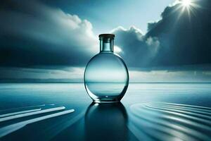 a bottle of water sitting on the beach with a cloudy sky. AI-Generated photo