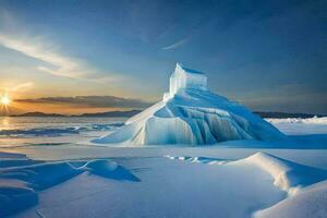 el Dom conjuntos detrás un iceberg en el océano. generado por ai foto