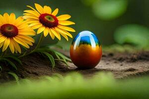 a colorful egg sits on the ground next to flowers. AI-Generated photo