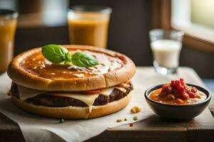 a hamburger with cheese and sauce on a wooden table. AI-Generated photo