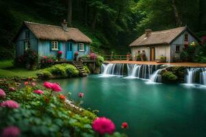 two small cottages with waterfall and flowers in the background. AI-Generated photo