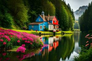 colorful house on the lake with flowers. AI-Generated photo