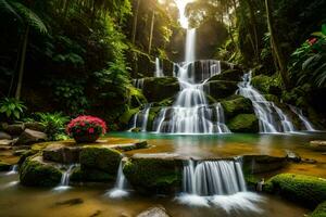 beautiful waterfall in tropical forest with flowers. AI-Generated photo