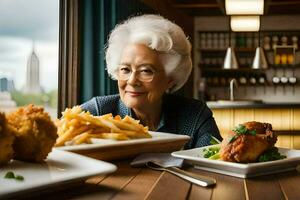 an older woman sitting at a table with food on it. AI-Generated photo