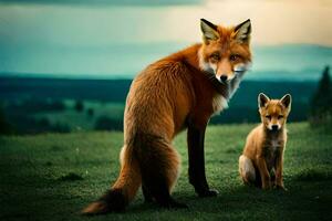 a mother and her cub standing in a field. AI-Generated photo