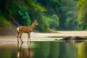 un ciervo y un caimán en pie en el agua. generado por ai foto