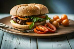 a hamburger with tomatoes and lettuce on a wooden plate. AI-Generated photo