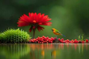 foto fondo de pantalla el flor, rojo, pájaro, agua, verde, pájaro, agua, verde,. generado por ai