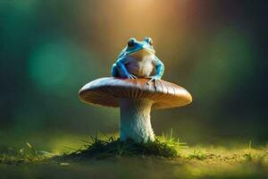 a blue frog sitting on top of a mushroom. AI-Generated photo