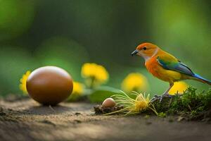 a bird is standing on the ground near an egg. AI-Generated photo