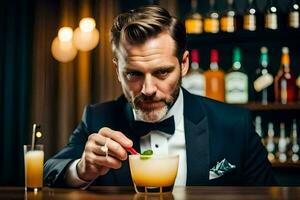 a man in a tuxedo is holding a cocktail. AI-Generated photo