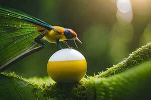 a colorful bird sitting on top of an egg. AI-Generated photo