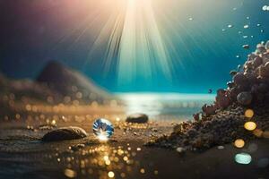 un diamante es sentado en el playa con un Dom brillante. generado por ai foto