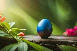a blue egg sits on a wooden branch surrounded by flowers. AI-Generated photo