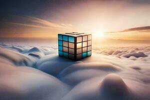 a cube sitting on top of clouds in the sky. AI-Generated photo